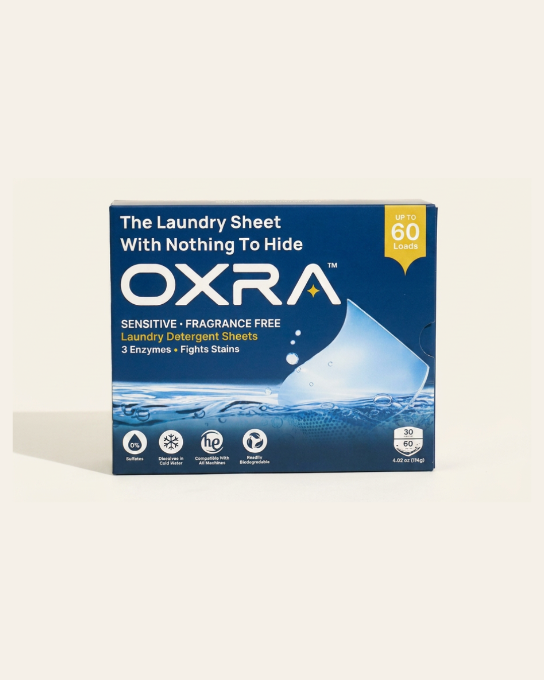 OXRA Sensitive Fragrance-Free laundry detergent sheets box, front pack