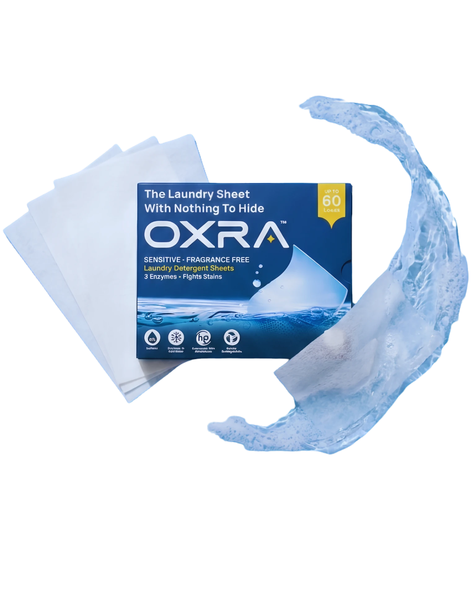OXRA Sensitive Fragrance-Free laundry detergent sheets box with loose sheets and a splash of water